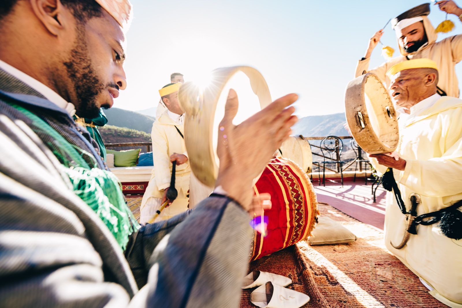 Musicians playing traditional bendir drums during the celebration
